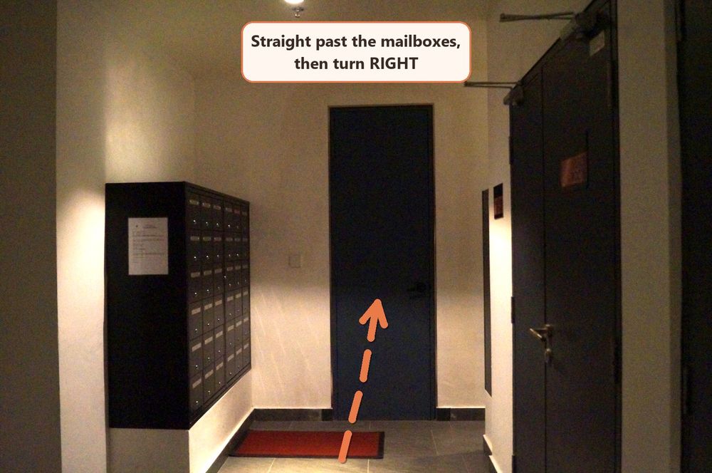 Wall of mailboxes with the route turning right