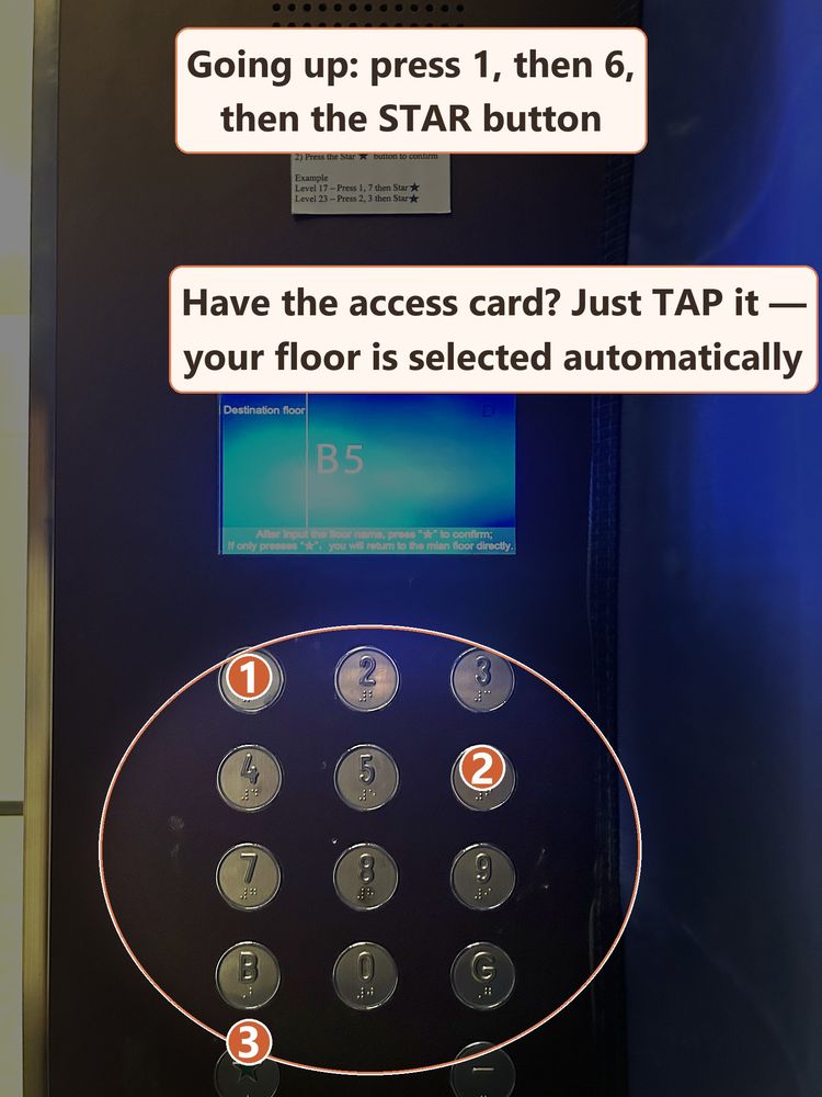 Lift button panel showing how to reach level 16