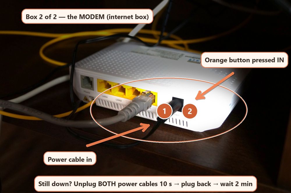 Internet modem with the power cable and orange button labelled