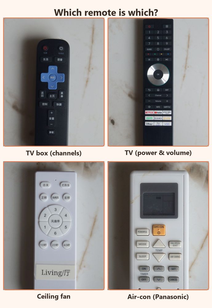 The four remotes side by side: TV box, TV, ceiling fan and air-con